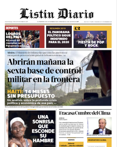 Portada Periódico Listín Diario, Lunes 16 de Diciembre, 2019