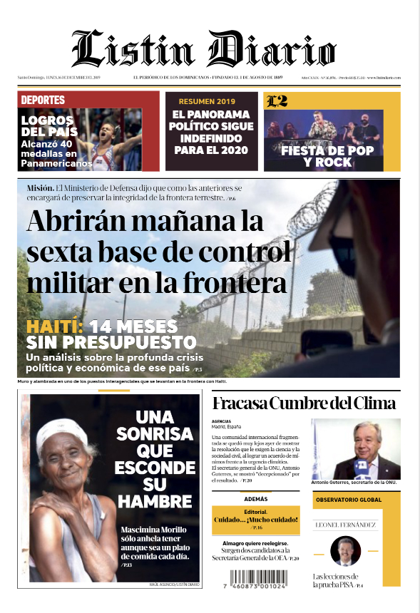 Portada Periódico Listín Diario, Lunes 16 de Diciembre, 2019