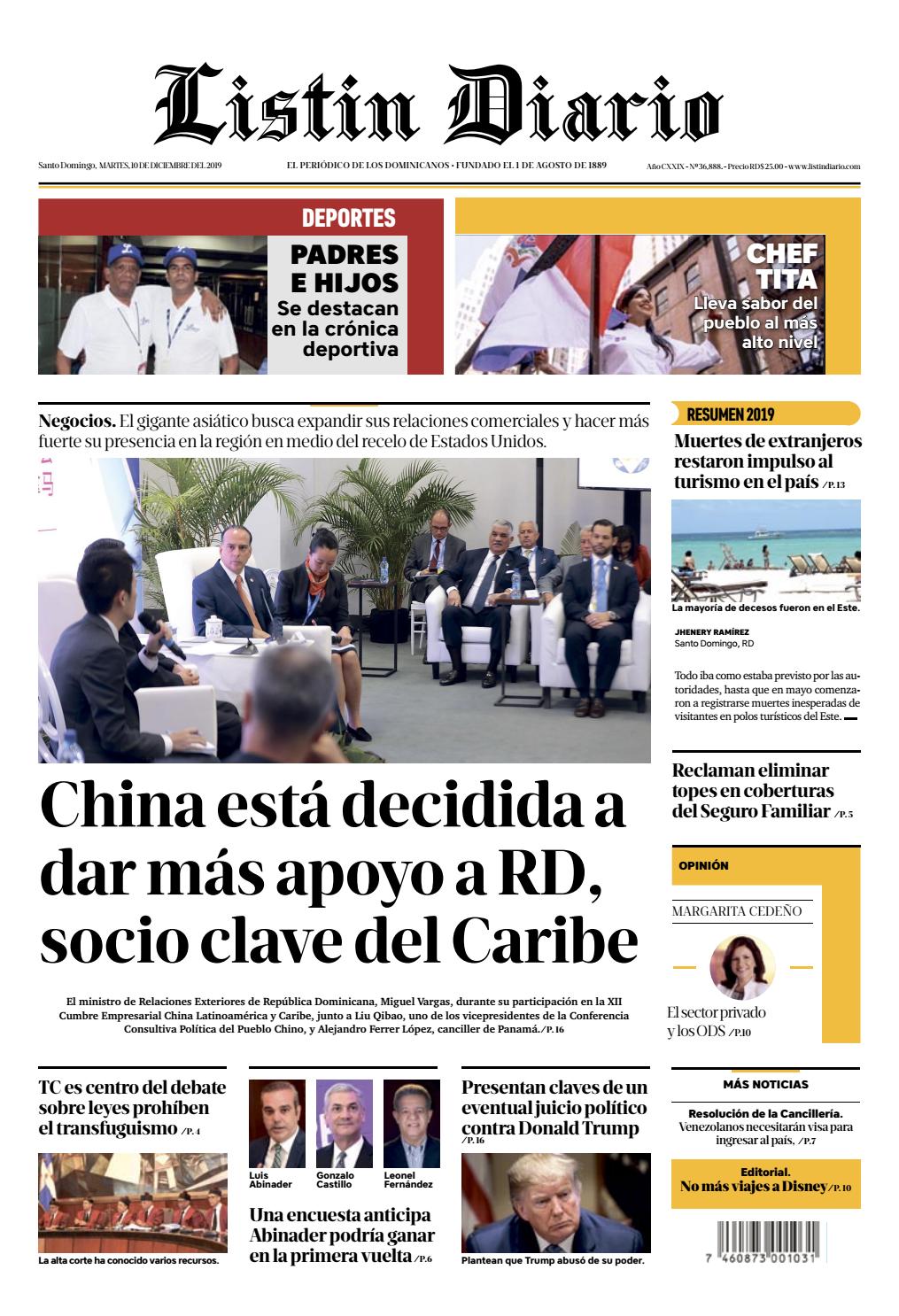 Portada Periódico Listín Diario, Martes 10 de Diciembre, 2019