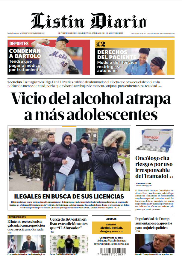 Portada Periódico Listín Diario, Martes 17 de Diciembre, 2019