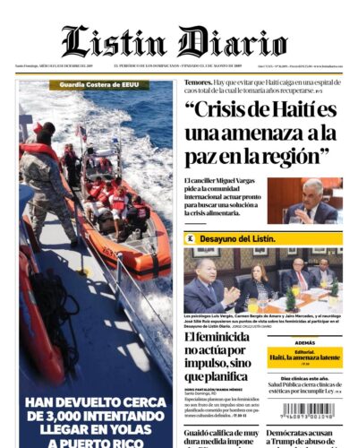 Portada Periódico Listín Diario, Miércoles 11 de Diciembre, 2019