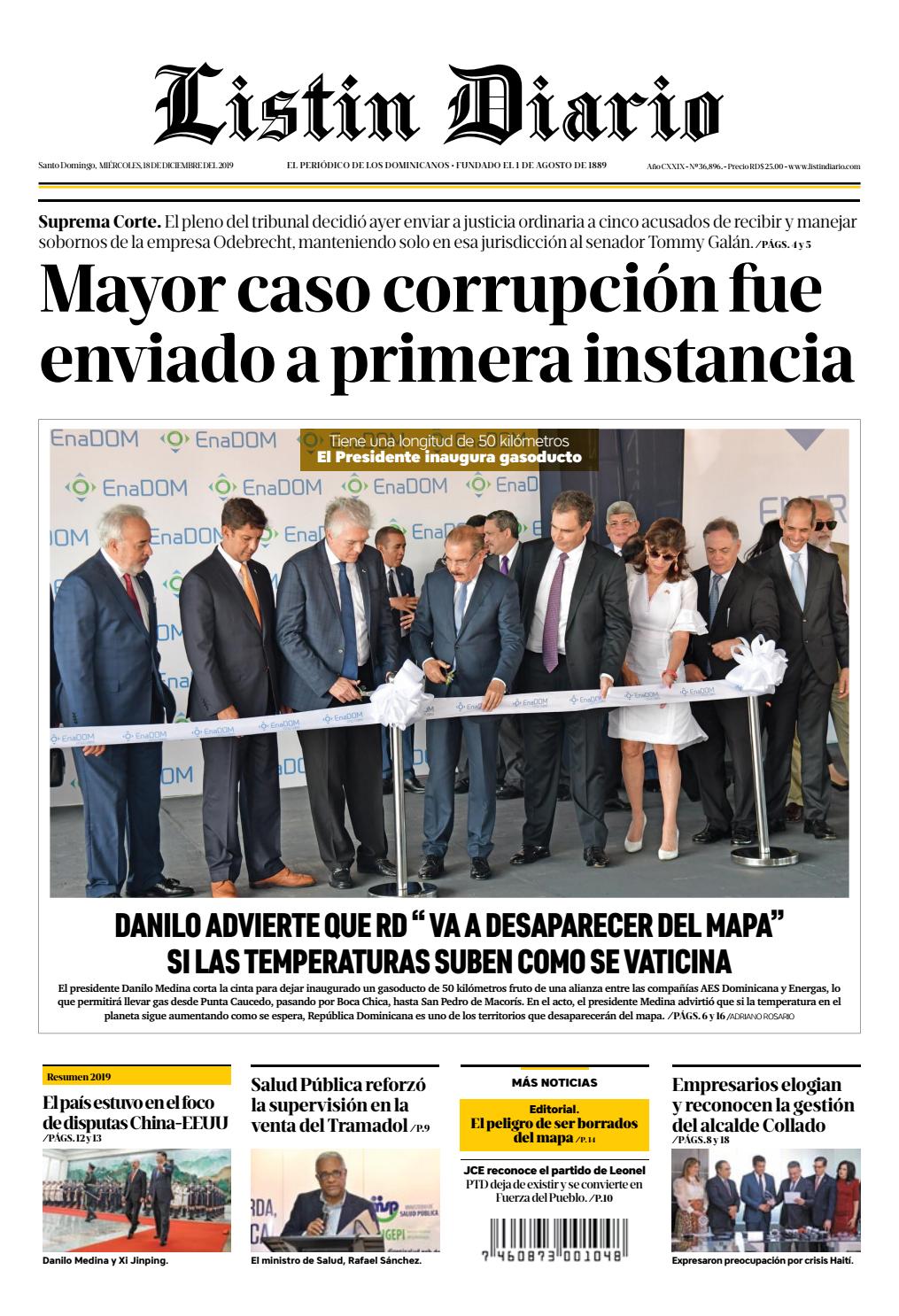 Portada Periódico Listín Diario, Miércoles 18 de Diciembre, 2019