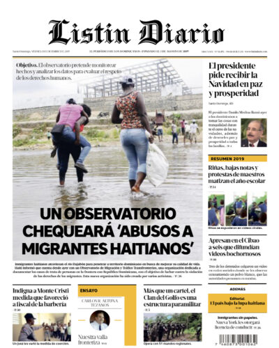 Portada Periódico Listín Diario, Viernes 13 de Diciembre, 2019