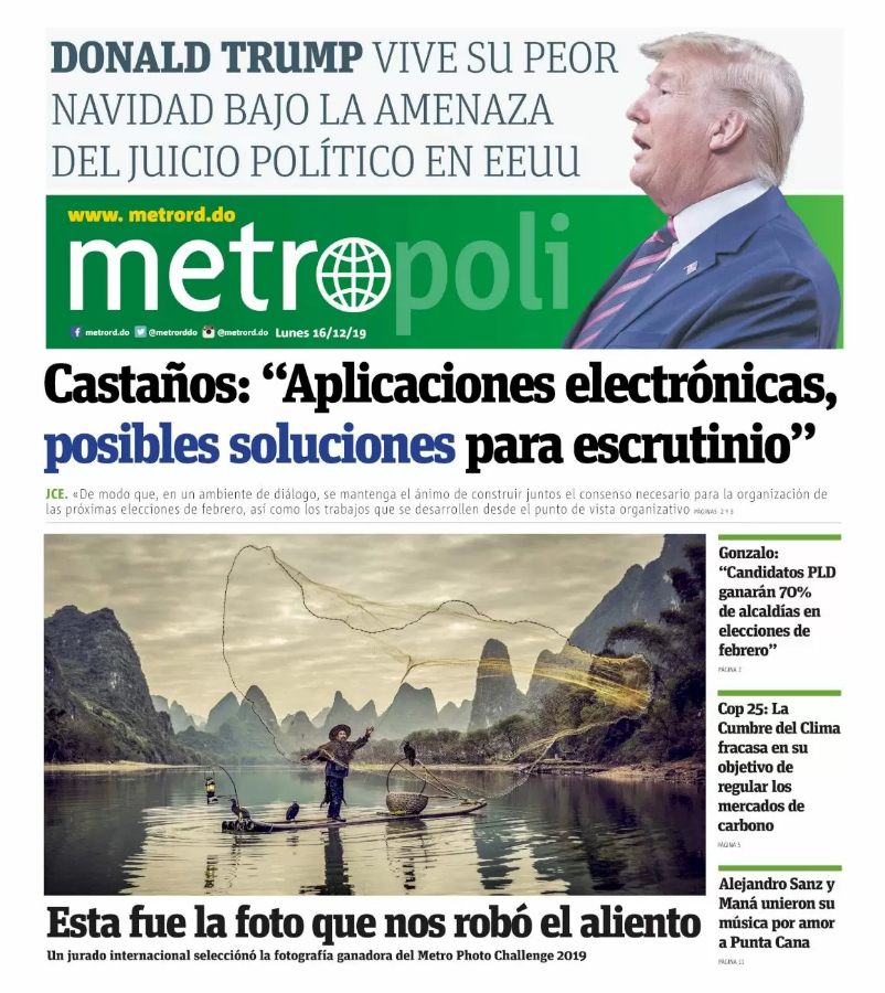 Portada Periódico Metro, Lunes 16 de Diciembre, 2019