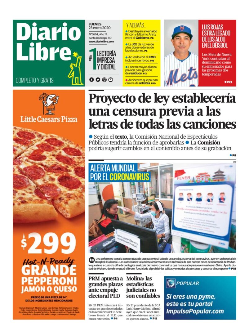 Portada Periódico Diario Libre, Jueves 23 de Enero, 2019