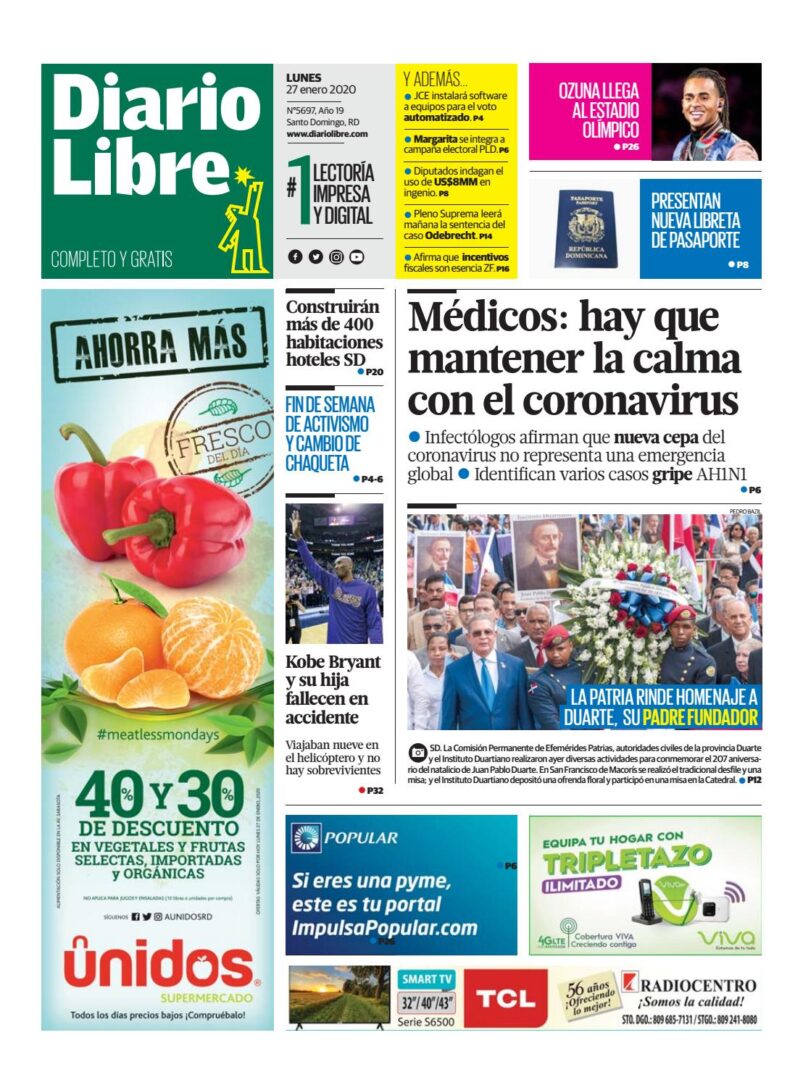 Portada Periódico Diario Libre, Lunes 27 de Enero, 2019