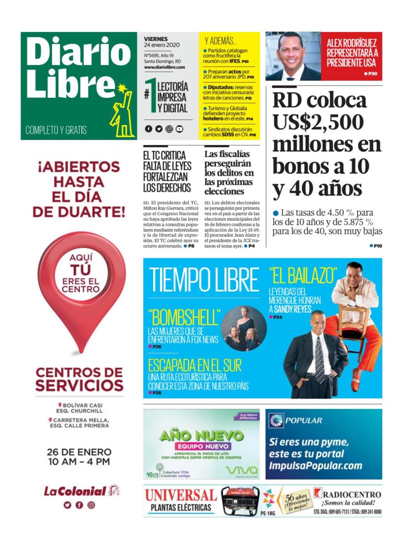 Portada Periódico Diario Libre, Viernes 24 de Enero, 2019