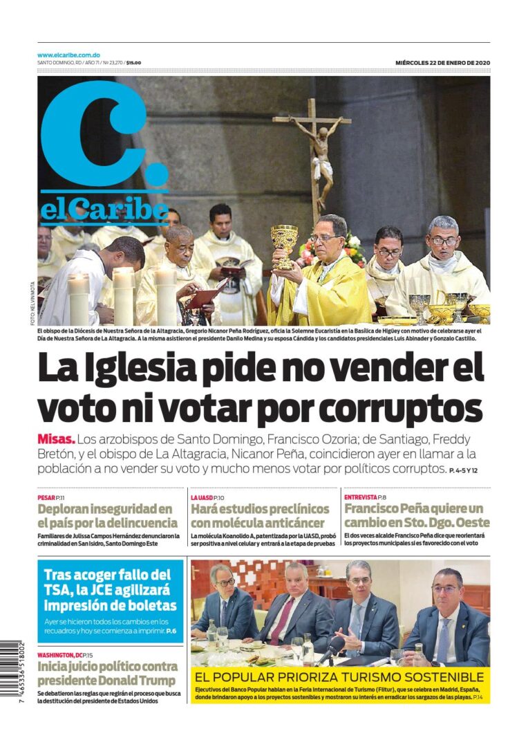 Portada Periódico El Caribe, Miércoles 22 de Enero, 2019