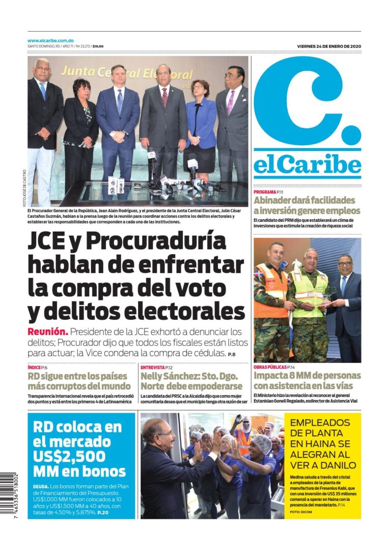 Portada Periódico El Caribe, Viernes 24 de Enero, 2019