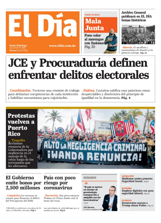 Portada Periódico El Día, Lunes 27 de Enero, 2019