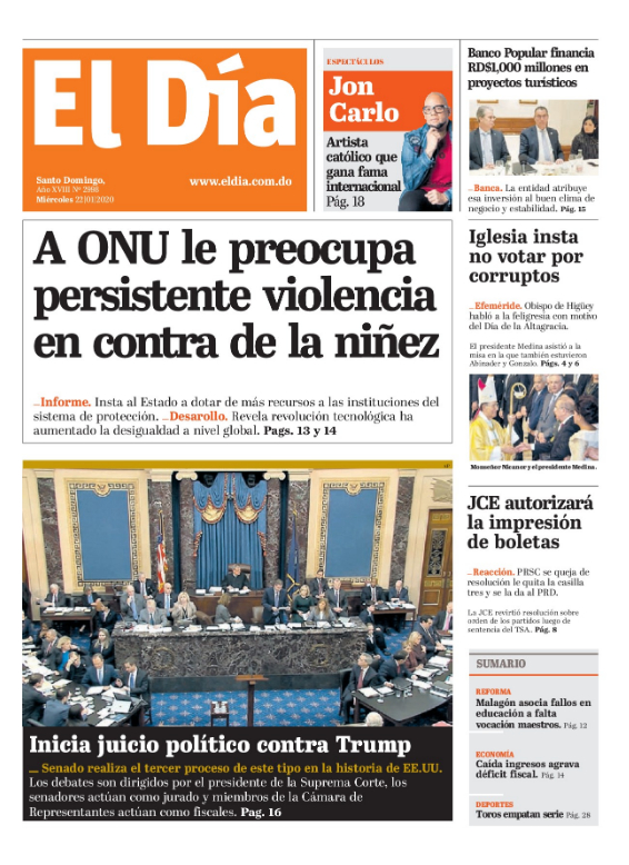 Portada Periódico El Día, Miércoles 22 de Enero, 2019