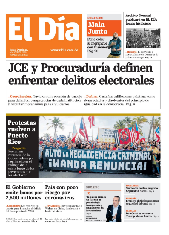 Portada Periódico El Día, Viernes 24 de Enero, 2019