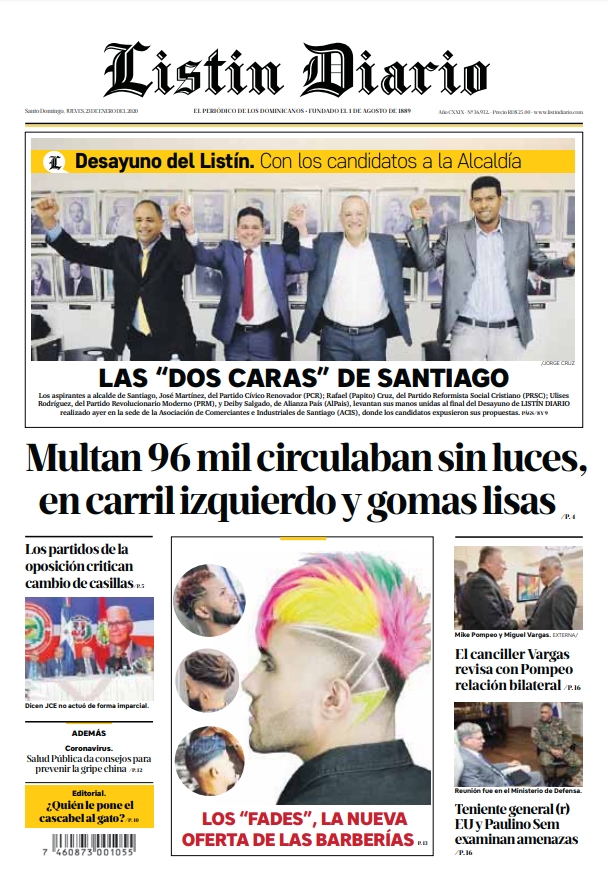 Portada Periódico Listín Diario, Jueves 23 de Enero, 2019