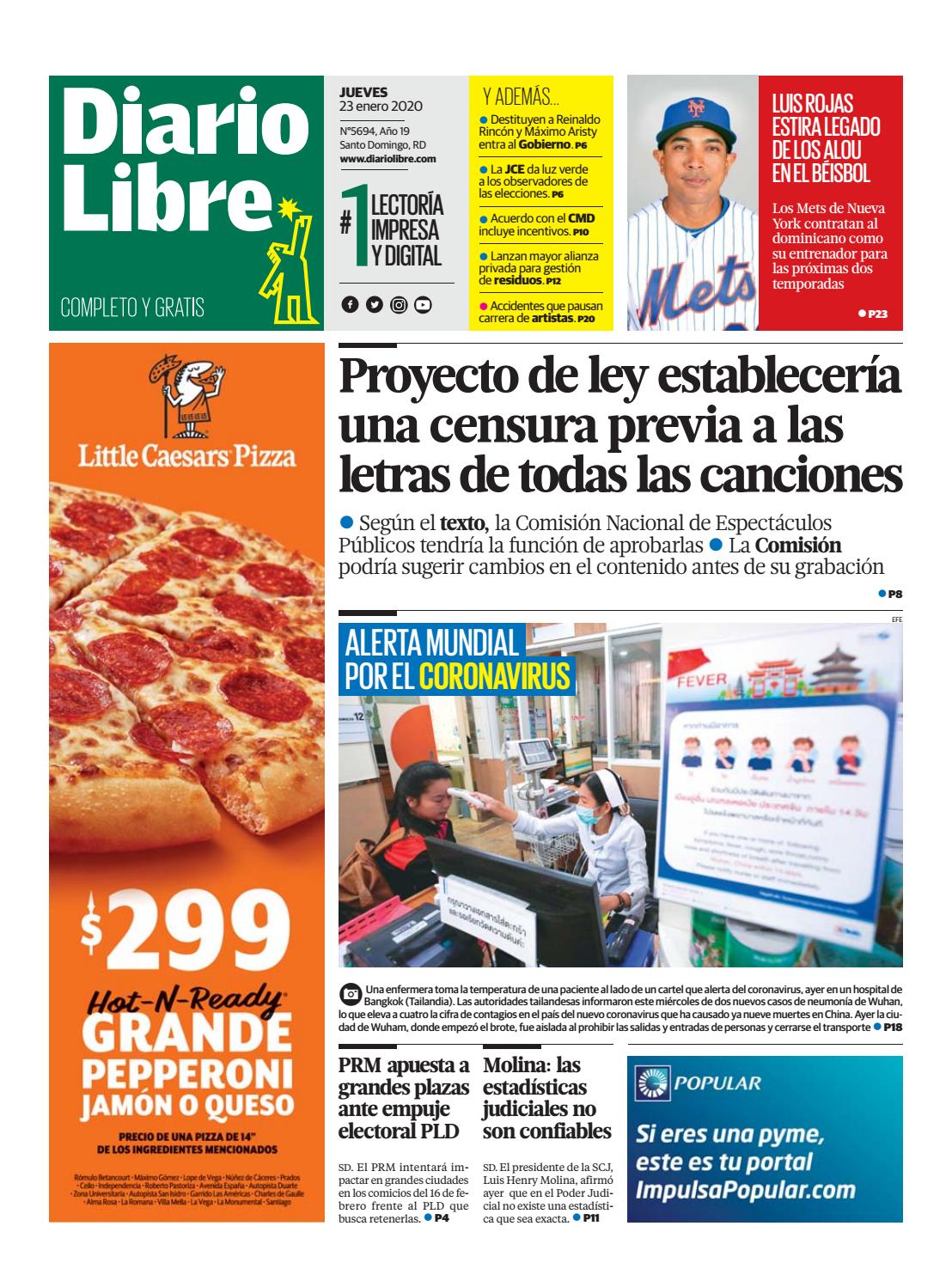 Portada Periódico Diario Libre, Jueves 23 de Enero, 2019