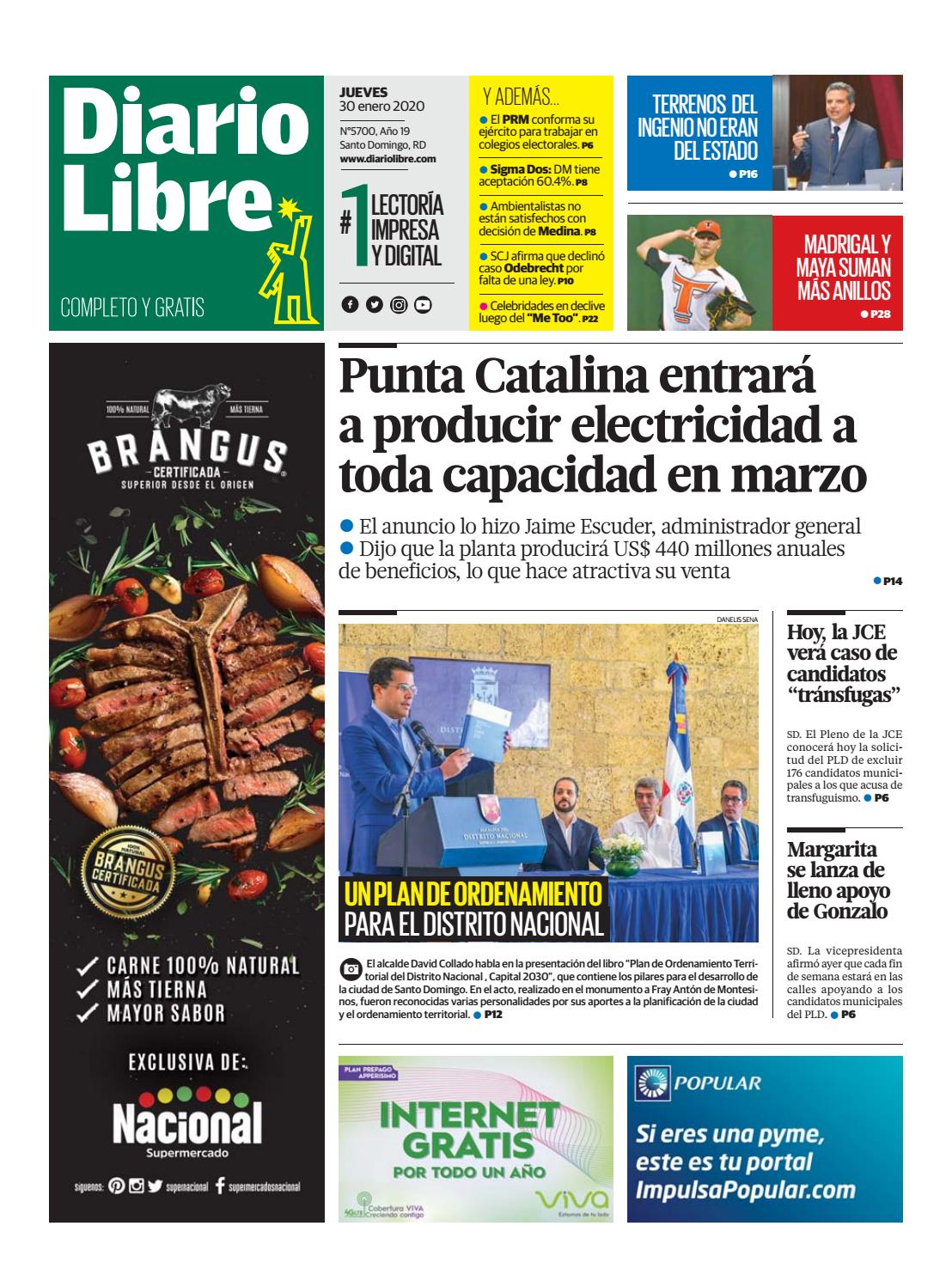 Portada Periódico Diario Libre, Jueves 30 de Enero, 2019