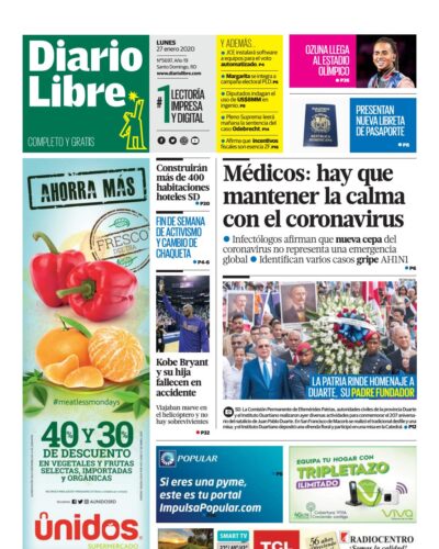 Portada Periódico Diario Libre, Lunes 27 de Enero, 2019
