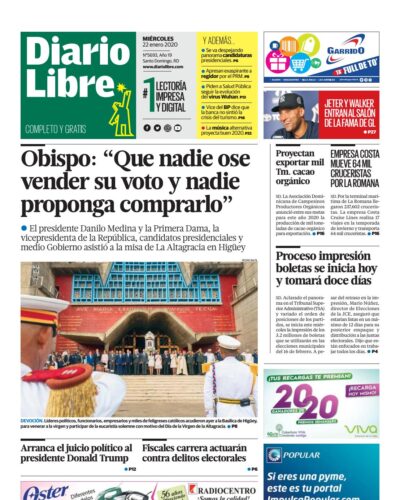 Portada Periódico Diario Libre, Miércoles 22 de Enero, 2019