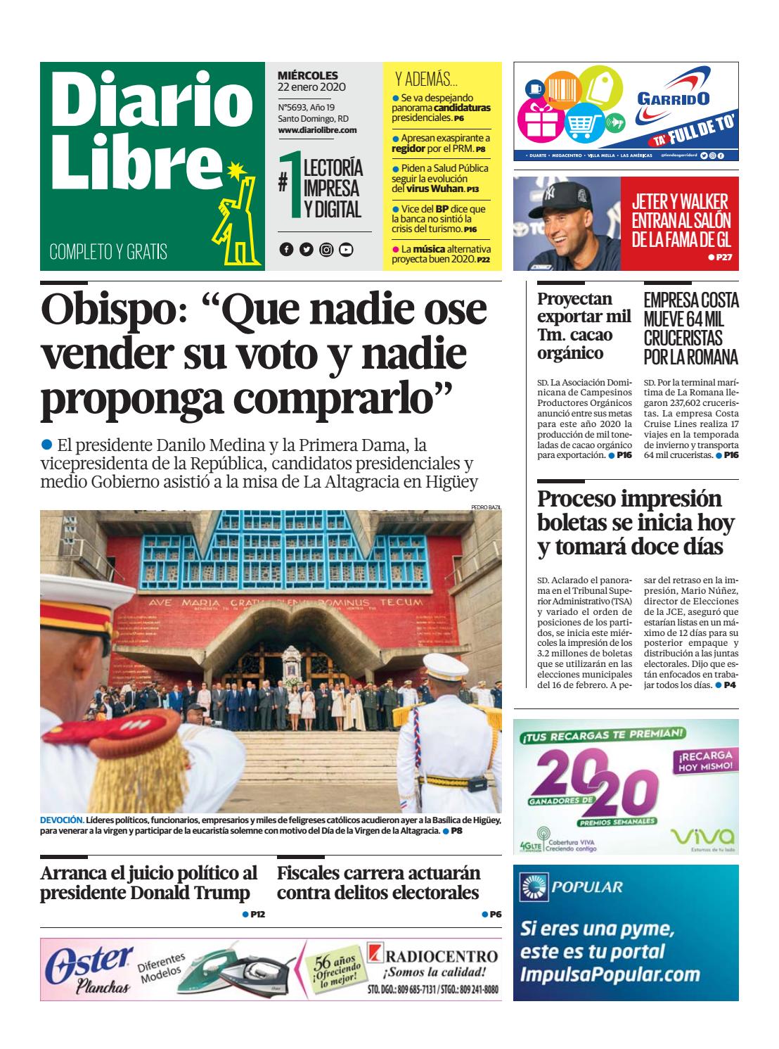 Portada Periódico Diario Libre, Miércoles 22 de Enero, 2019