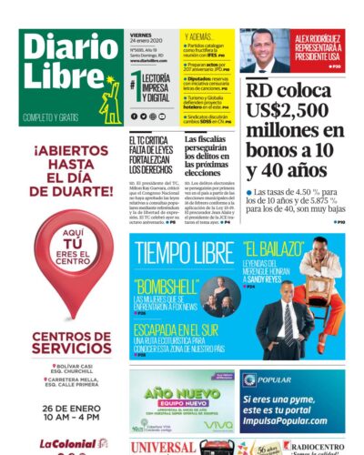 Portada Periódico Diario Libre, Viernes 24 de Enero, 2019