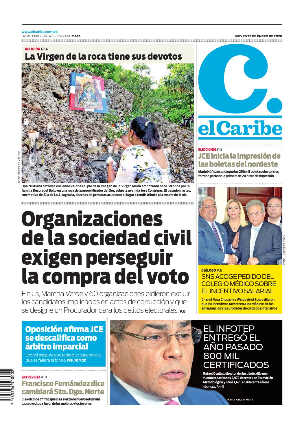 Portada Periódico El Caribe, Jueves 23 de Enero, 2019