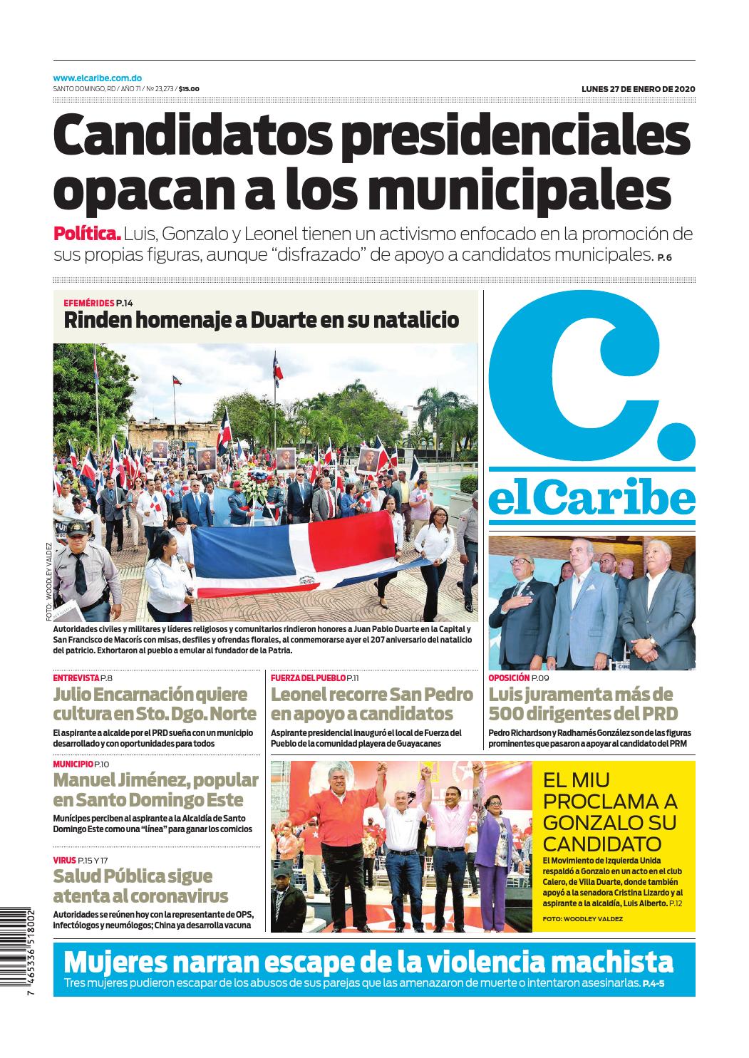 Portada Periódico El Caribe, Lunes 27 de Enero, 2019