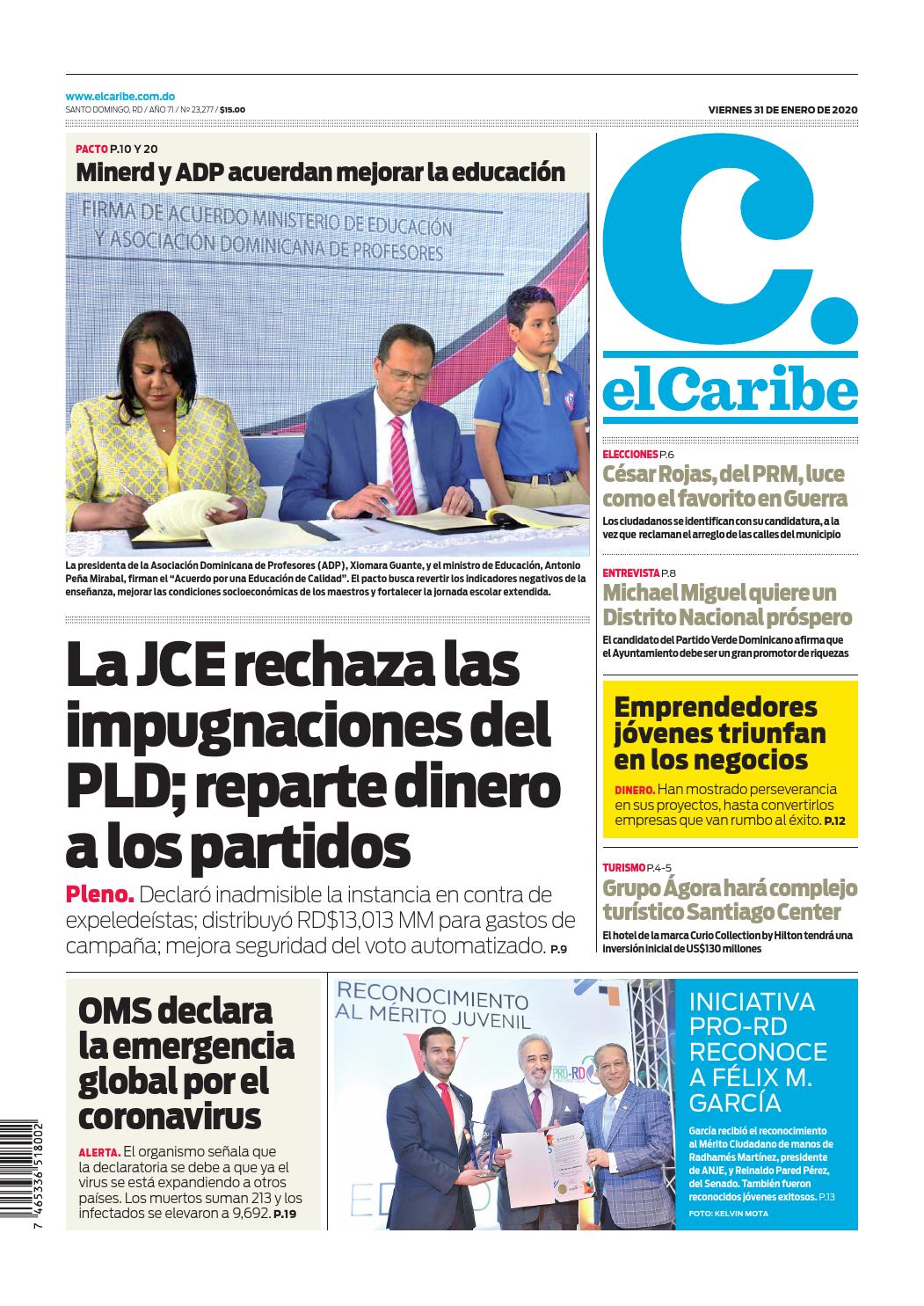Portada Periódico El Caribe, Viernes 31 de Enero, 2019