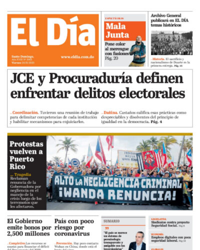 Portada Periódico El Día, Lunes 27 de Enero, 2019