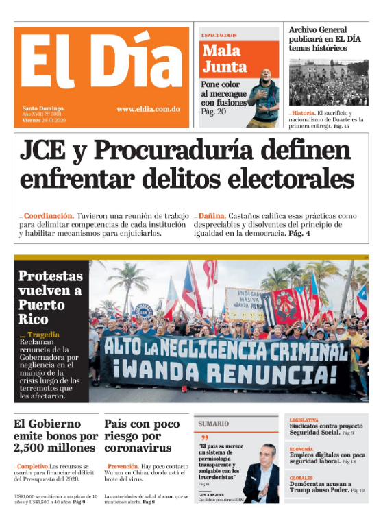 Portada Periódico El Día, Lunes 27 de Enero, 2019