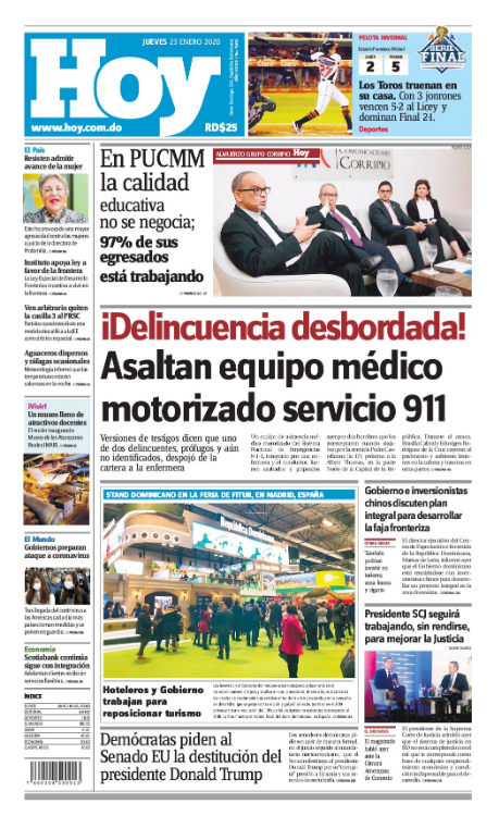 Portada Periódico Hoy, Jueves 23 de Enero, 2019