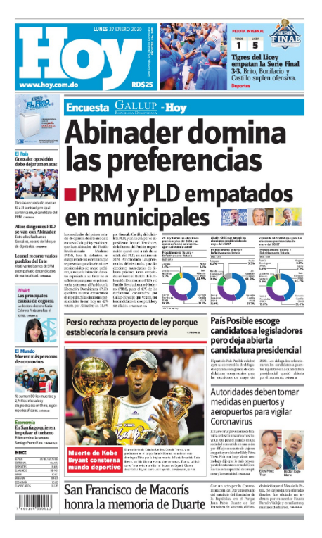 Portada Periódico Hoy, Lunes 27 de Enero, 2019