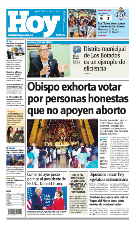 Portada Periódico Hoy, Miércoles 22 de Enero, 2019