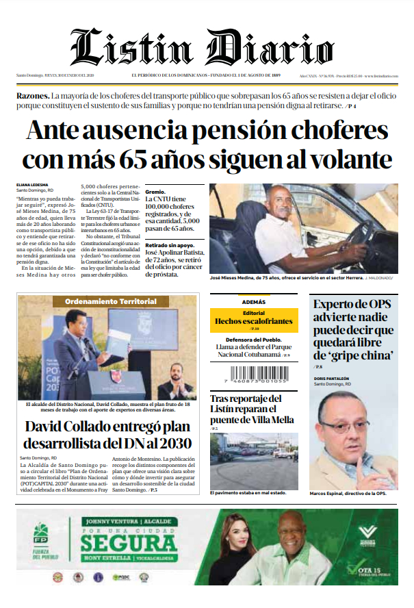 Portada Periódico Listín Diario, Jueves 30 de Enero, 2019