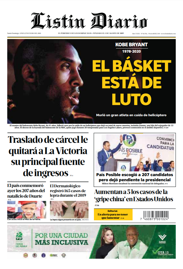Portada Periódico Listín Diario, Lunes 27 de Enero, 2019