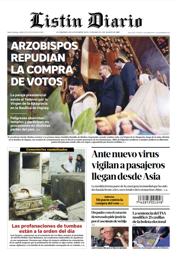 Portada Periódico Listín Diario, Miércoles 22 de Enero, 2019