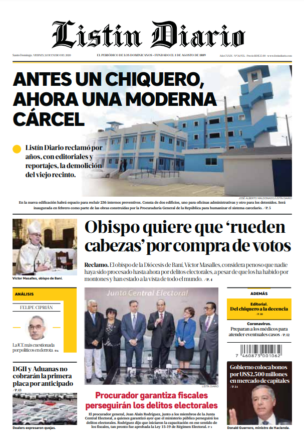 Portada Periódico Listín Diario, Viernes 24 de Enero, 2019