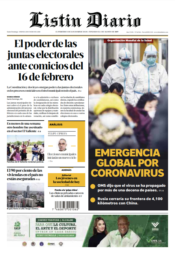 Portada Periódico Listín Diario, Viernes 31 de Enero, 2019