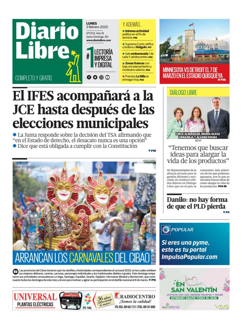 Portada Periódico Diario Libre, Lunes 03 de Febrero, 2019