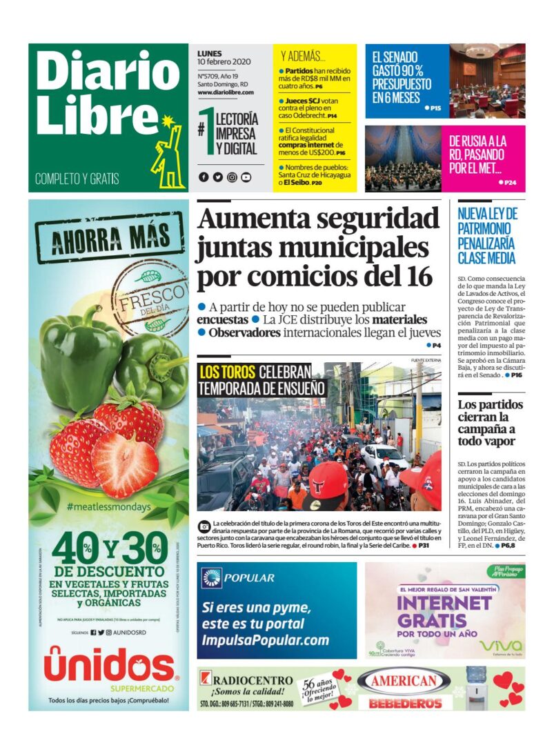 Portada Periódico Diario Libre, Lunes 10 de Febrero, 2019