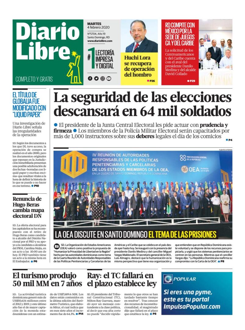 Portada Periódico Diario Libre, Martes 04 de Febrero, 2019