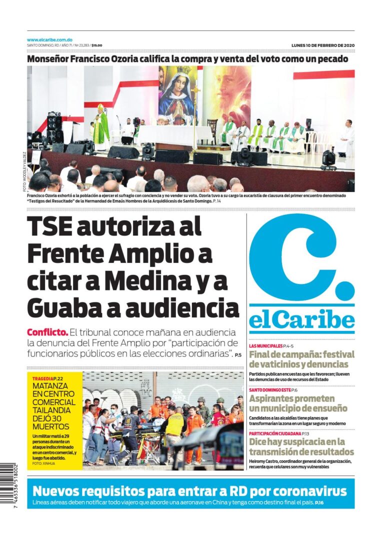 Portada Periódico El Caribe, Lunes 10 de Febrero, 2019