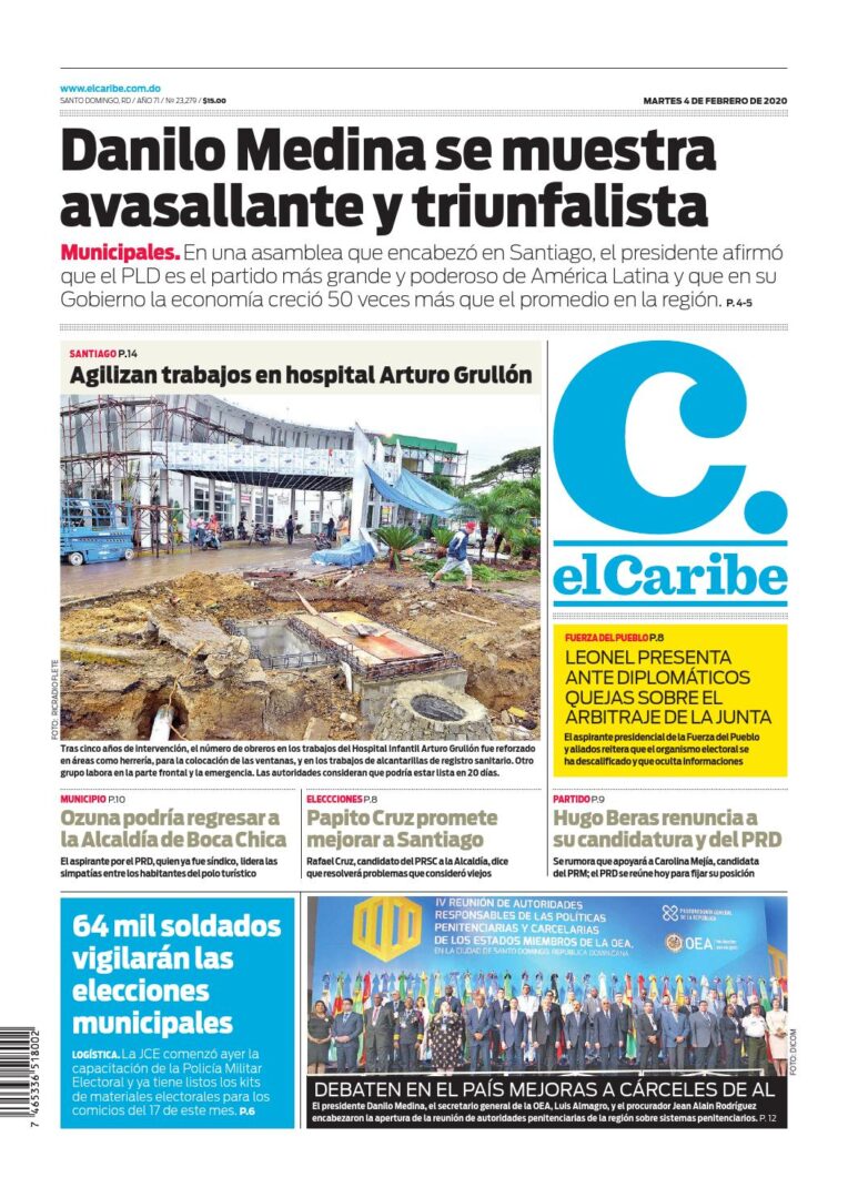 Portada Periódico El Caribe, Martes 04 de Febrero, 2019