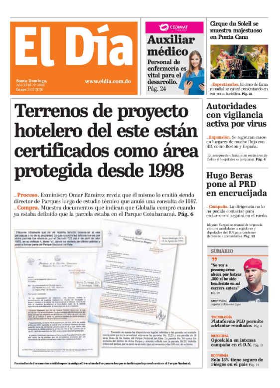 Portada Periódico El Día, Lunes 03 de Febrero, 2019