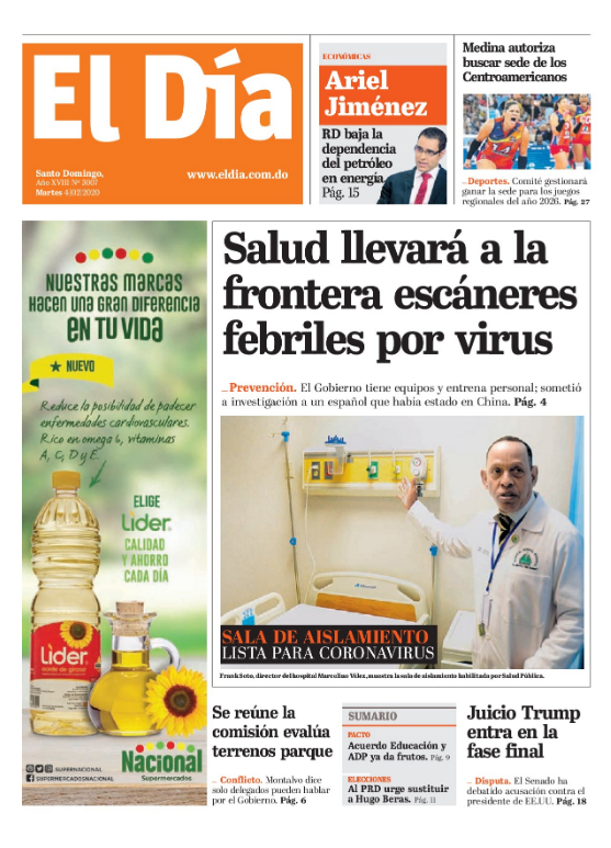 Portada Periódico El Día, Martes 04 de Febrero, 2019