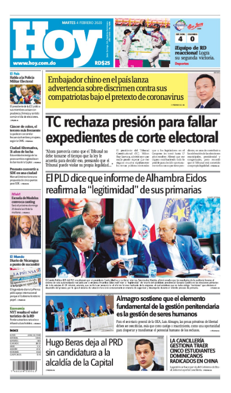Portada Periódico Hoy, Martes 04 de Febrero, 2019