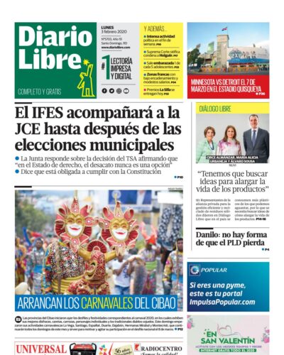 Portada Periódico Diario Libre, Lunes 03 de Febrero, 2019