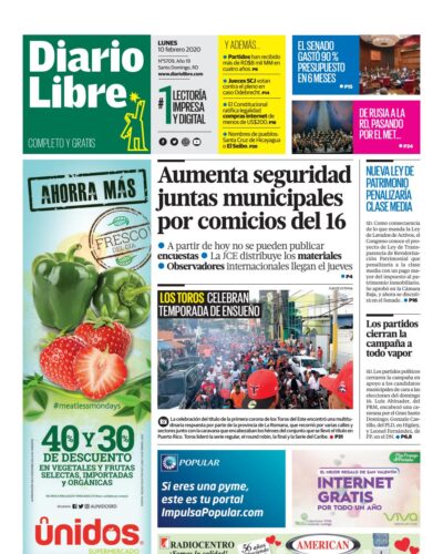 Portada Periódico Diario Libre, Lunes 10 de Febrero, 2019