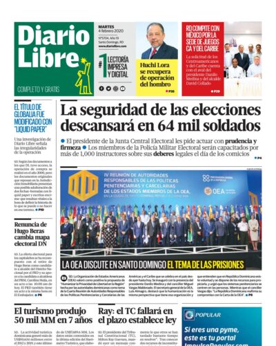 Portada Periódico Diario Libre, Martes 04 de Febrero, 2019