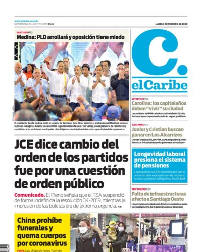 Portada Periódico El Caribe, Lunes 03 de Febrero, 2019