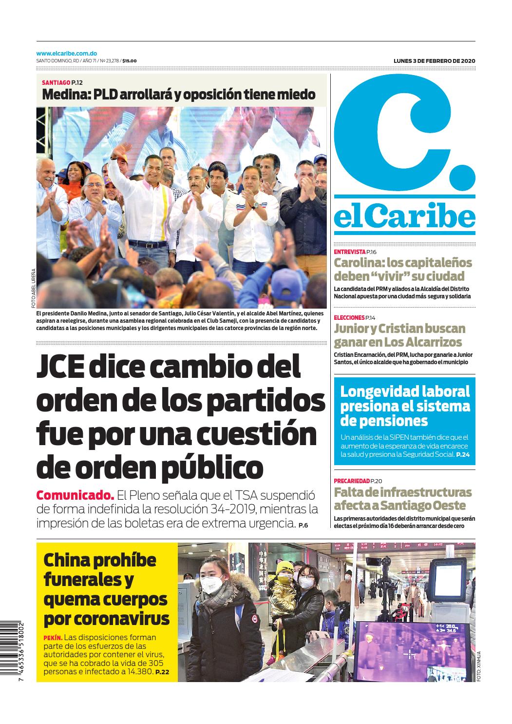 Portada Periódico El Caribe, Lunes 03 de Febrero, 2019