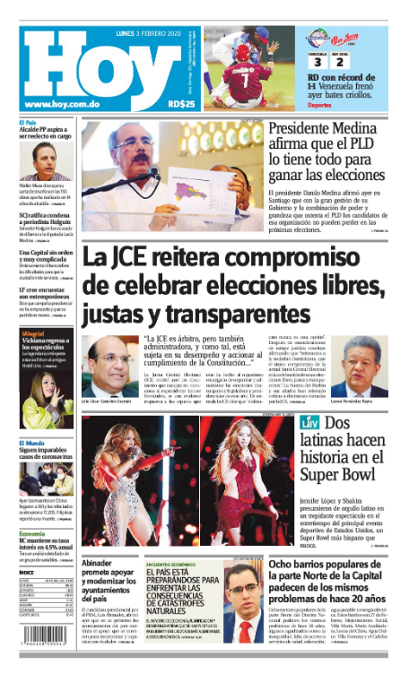 Portada Periódico Hoy, Lunes 03 de Febrero, 2019